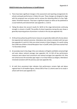 Appendix a 2018/19 Initial View of Performance in Cardiff Schools 1