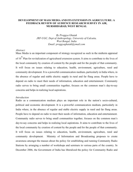 Development of Mass Media and Its Extension in Agriculture: a Feedback Review of Audience Research Survey in Air, Murshidabad, West Bengal