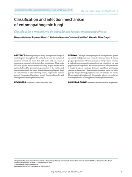 Classification and Infection Mechanism of Entomopathogenic Fungi Classificacão E Mecanismo De Infecção Dos Fungos Entomopatogênicos