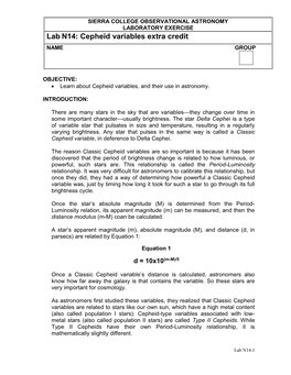 Lab N14: Cepheid Variables Extra Credit NAME GROUP