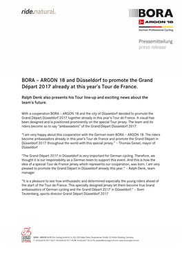BORA – ARGON 18 and Düsseldorf to Promote the Grand Départ 2017 Already at This Year's Tour De France