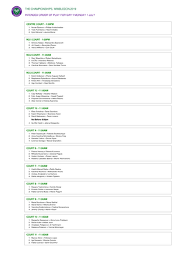 The Championships, Wimbledon 2019 Intended Order Of