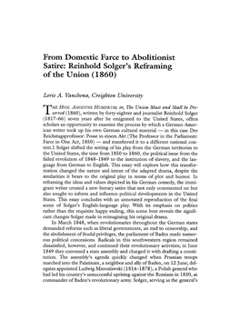 From Domestic Farce to Abolitionist Satire: Reinhold Solger's Refraining of the Union (1860)