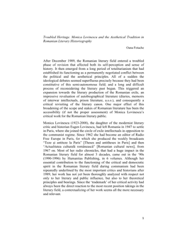 Troubled Heritage. Monica Lovinescu and the Aesthetical Tradition in Romanian Literary Historiography After December 1989, the R