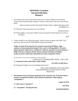 2018 Duke Certamen Advanced Division Round 1