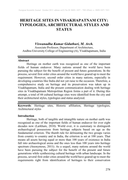 Heritage Sites in Visakhapatnam City: Typologies, Architectural Styles and Status