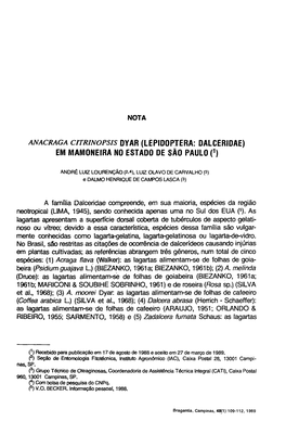 Lepidoptera: Dalceridae) Em Mamoneira No Estado De São Paulo (1)