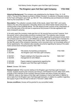 C GC the Kingston Upon Hull Gas Light Company 1753-1930