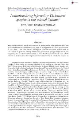 Institutionalizing Informality: the Hawkers’ Question in Post-Colonial Calcutta∗