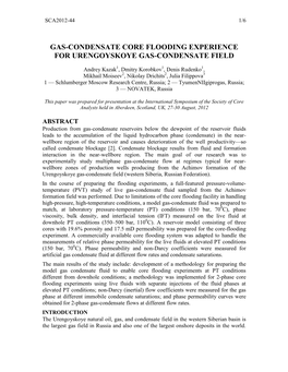 2012: Gas-Condensate Core Flooding Experience for Urengoyskoye Gas-Condensate Field
