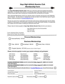 Hays High Athletic Booster Club Membership Form