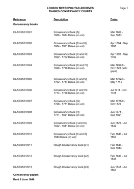 LONDON METROPOLITAN ARCHIVES THAMES CONSERVANCY COURTS CLA/036 Page 1 Reference Description Dates Conservancy Books CLA/036/01/0