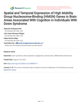 Spatial and Temporal Expression of High Mobility Group Nucleosome-Binding (HMGN) Genes in Brain Areas Associated with Cognition in Individuals with Down Syndrome