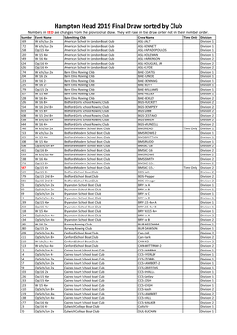 Hampton Head 2019 Final Draw Sorted by Club Numbers in RED Are Changes from the Provisional Draw