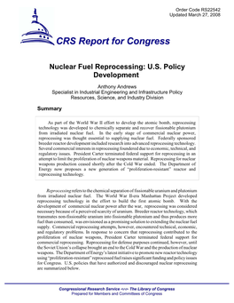 Nuclear Fuel Reprocessing: U.S. Policy Development