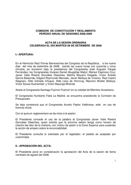 Comisión De Constitución Y Reglamento Período Anual De Sesiones 2008-2009 Acta De La Sesión Ordinaria Celebrada El Día Ma