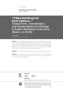 Textual Form, Transmission, and Interpretation of a Passage in Eznik’S Refutation of the Sects (Book I, 11 [§ 45]) Paolo Lucca Università Caʼ Foscari Venezia, Italia