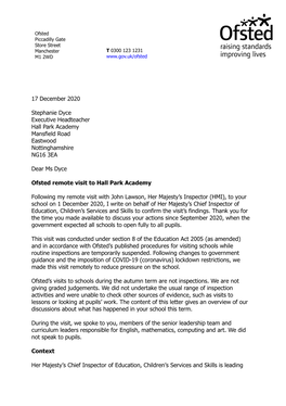 17 December 2020 Stephanie Dyce Executive Headteacher Hall Park Academy Mansfield Road Eastwood Nottinghamshire NG16 3EA Dear Ms