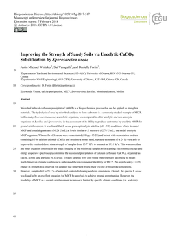 Improving the Strength of Sandy Soils Via Ureolytic Caco3 Solidification by Sporosarcina Ureae