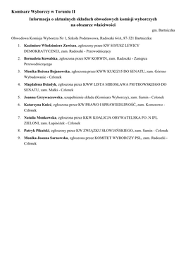 Komisarz Wyborczy W Toruniu II Informacja O Aktualnych Składach Obwodowych Komisji Wyborczych Na Obszarze Właściwości Gm
