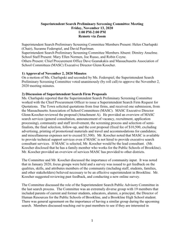 Superintendent Search Preliminary Screening Committee Meeting Friday, November 13, 2020 1:00 PM-2:00 PM Remote Via Zoom