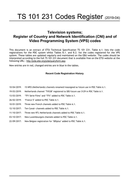 TS 101 231 Codes Register (2019-04)
