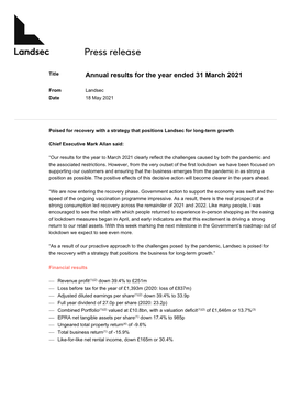 Annual Results for the Year Ended 31 March 2021