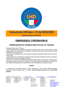 Comunicato Ufficiale N. 51 Del 05/03/2020