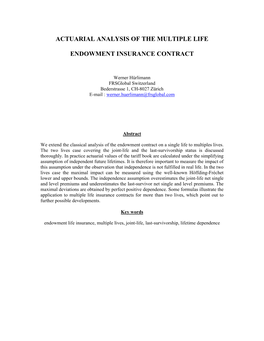 Actuarial Analysis of the Multiple Life Endowment Insurance Contract