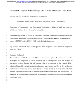 HIV-1 Infection in Humanized Mouse Brain 4 5 Weizhe Li, Santhi Gorantla, Howard E
