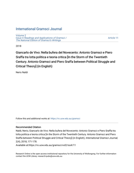 Giancarlo De Vivo: Nella Bufera Del Novecento: Antonio Gramsci E Piero Sraffa Tra Lotta Politica E Teoria Critica [In the Storm of the Twentieth Century