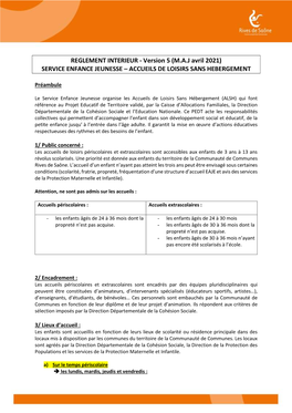 REGLEMENT INTERIEUR - Version 5 (M.A.J Avril 2021) SERVICE ENFANCE JEUNESSE – ACCUEILS DE LOISIRS SANS HEBERGEMENT