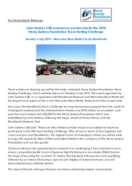 John Surtees CBE Announces Auction Lots for the 2016 Henry Surtees Foundation Team Karting Challenge