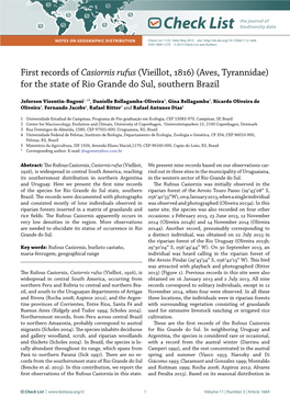Casiornis Rufus (Vieillot, 1816) (Aves, Tyrannidae) for the State of Rio Grande Do Sul, Southern Brazil