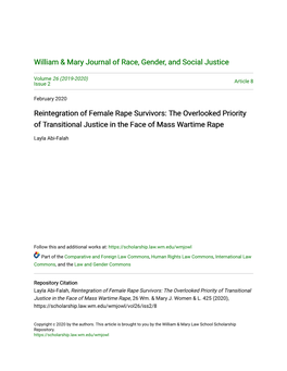 Reintegration of Female Rape Survivors: the Overlooked Priority of Transitional Justice in the Face of Mass Wartime Rape