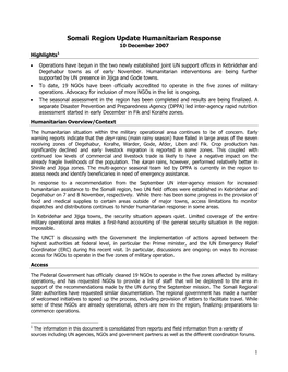 Somali Region Update Humanitarian Response 10 December 2007 Highlights1