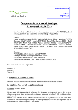 Compte-Rendu Du Conseil Municipal Du 26 Juin 2019