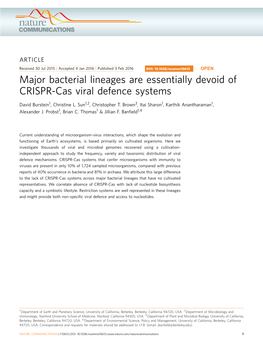 Major Bacterial Lineages Are Essentially Devoid of CRISPR-Cas Viral Defence Systems