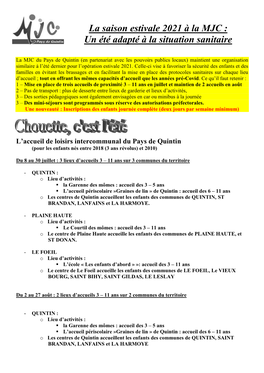 La Saison Estivale 2021 À La MJC : Un Été Adapté À La Situation Sanitaire