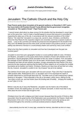 Jerusalem: the Catholic Church and the Holy City 30.04.2018 | David Neuhaus*