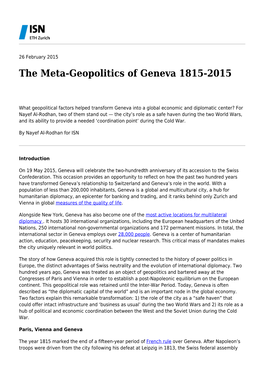 The Meta-Geopolitics of Geneva 1815-2015