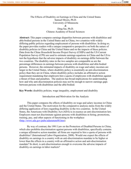 The Effects of Disability on Earnings in China and the United States Samuel Myers, Ph.D