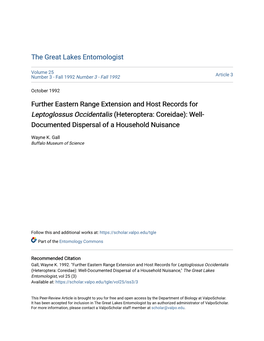 Further Eastern Range Extension and Host Records for Leptoglossus Occidentalis (Heteroptera: Coreidae): Well- Documented Dispersal of a Household Nuisance