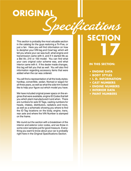 ORIGINAL Specifications This Section Is Probably the Most Valuable Section SECTION in the Catalog for the Guys Restoring a Tri-Five, Or Just a Fan