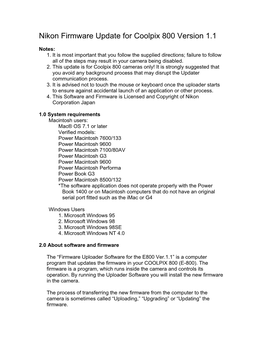 Nikon Firmware Update for Coolpix 800 Version 1.1