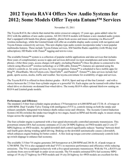 2012 Toyota RAV4 Offers New Audio Systems for 2012; Some Models Offer Toyota Entune™ Services