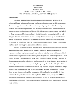 Dover Sherborn Dhaka Paper March 1St, 2019 By: Val Goorha, Sophia Katz, Ada Macleod, Kate Mastrobuono, Amelia Poor, Lella Wirth, and Stephanie Yu