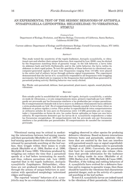 An Experimental Test of the Seismic Behaviors of Antispila Nysaefoliella (Lepidoptera: Heliozelidae) to Vibrational Stimuli