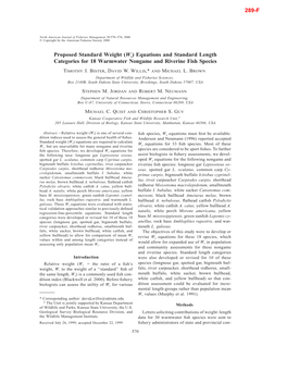 (Ws) Equations and Standard Length Categories for 18 Warmwater Nongame and Riverine Fish Species