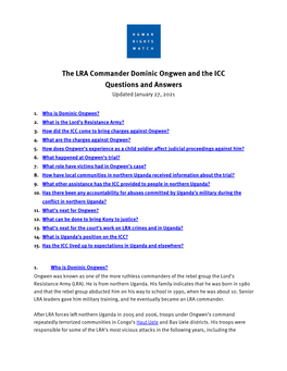 The LRA Commander Dominic Ongwen and the ICC Questions and Answers Updated January 27, 2021